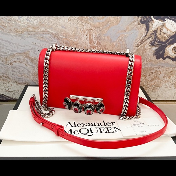 Alexander McQueen Knuckle Red Jewel Embellished Leather Cross Body Bag - Picture 11 of 15